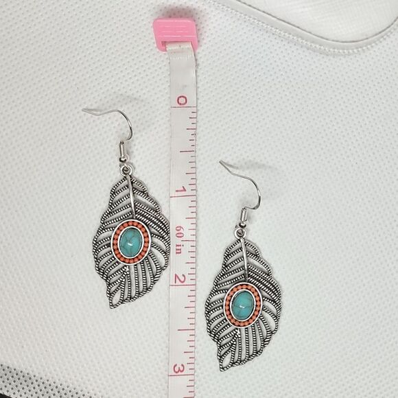 Boho Feather Turquoise Stone Dangle Statement Earrings Drop Cutout Chandelier - Picture 7 of 8